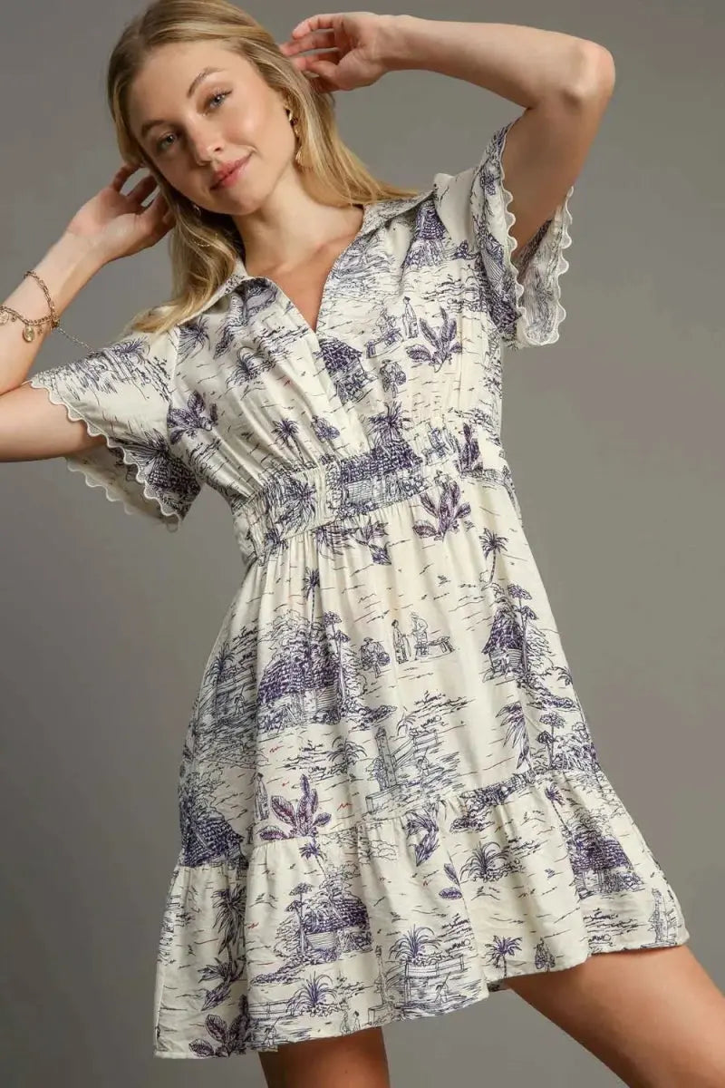 Umgee Full Size Landscape Print Collared Mini Dress Plus Size - Love Salve